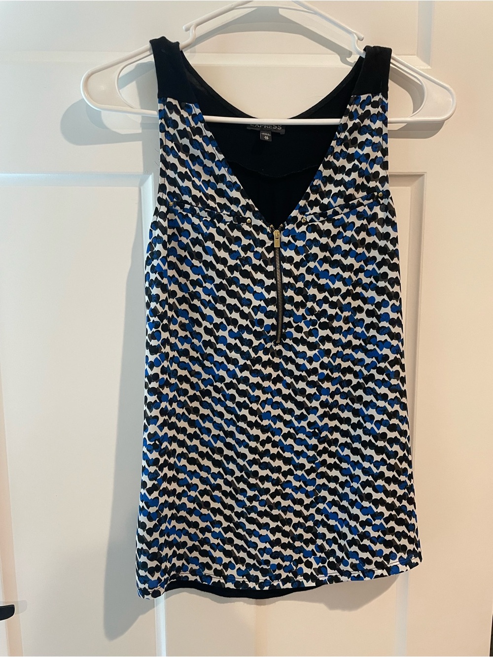Express Blue, Black & White Zip-Front Patterned Tank
